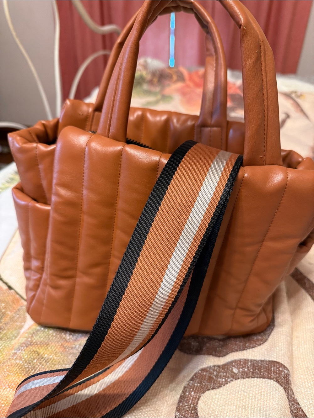 Royln luxe Quilted Tote Bag in Cognac Brown with Striped Strap
